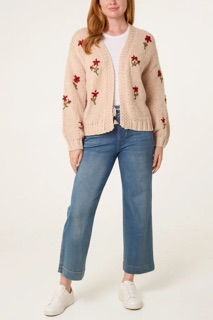 Embroidered cardigan beige flowers M/L